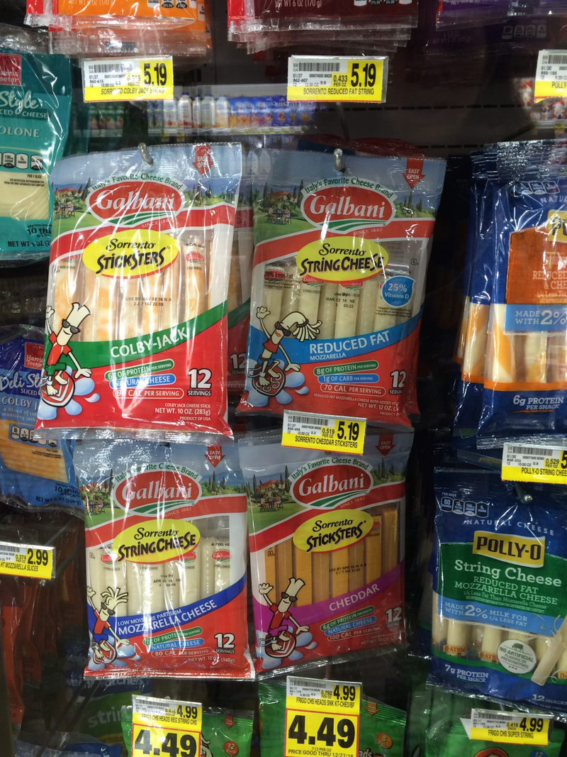 At left, Galbani’s string cheese offerings. At bottom right, Polly-O, the only string cheese to choose. Up top, “twists,” which are disgusting and should be avoided at all costs.